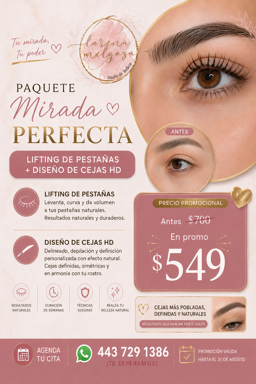 Promoción Paquete Mirada Perfecta: lifting de pestañas y diseño de cejas HD por 549 pesos
